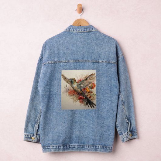 Kleurrijke kolibrie rode bloemen denim jacket (Hangar)