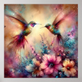 Kleurrijke kolibries in bloementuin Waterverf Poster (Voorkant)