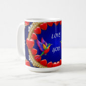 Kleurrijke kolibries omringd door romantisch hart koffiemok (Voorkant links)