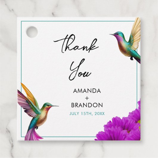 Kleurrijke kolibries Paarse madeliefjes bruiloft Bedankjes Labels (Voorkant)