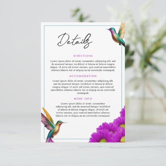 Kleurrijke kolibries Paarse madeliefjes bruiloft Informatiekaartje (Staand voorkant)