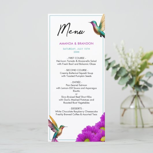 Kleurrijke kolibries Paarse madeliefjes bruiloft Menu (Staand voorkant)