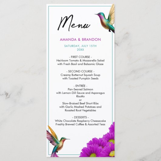 Kleurrijke kolibries Paarse madeliefjes bruiloft Menu (Voorkant)