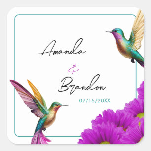 Kleurrijke Kolibries Paarse Margrieten Bruiloft Vierkante Sticker