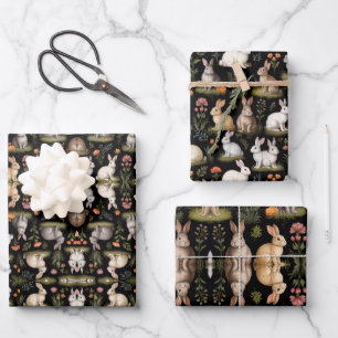 Kleurrijke konijnen op zwart inpakpapier vel