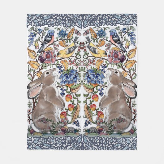 Kleurrijke Konijnenkonijn Jacobean Floral Bird  Fleece Deken (Voorkant)