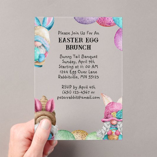 Kleurrijke Konijnkabouters & Eieren Pasen Brunch Acryl Uitnodigingen (Insitu (Draagbaar))