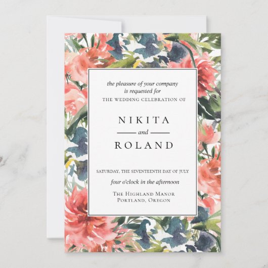 Kleurrijke koraal dahlia bloemenbruiloft uitnodigi kaart (Voorkant)
