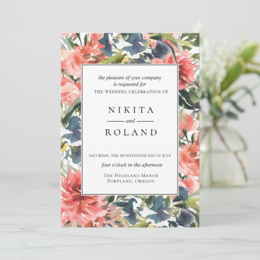 Kleurrijke koraal dahlia bloemenbruiloft uitnodigi kaart (Staand voorkant)