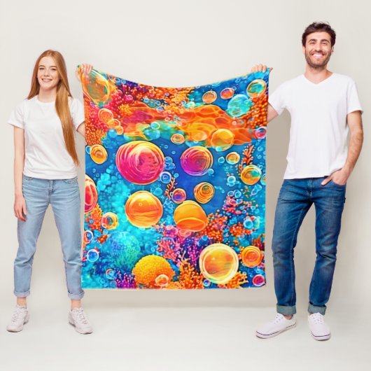 Kleurrijke koraalrif bubbels fleece deken (In situ)