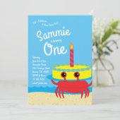 Kleurrijke krab strand 1e verjaardag uitnodigingen (Staand voorkant)
