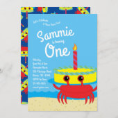 Kleurrijke krab strand 1e verjaardag uitnodigingen (Voorkant / Achterkant)