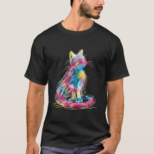 Kleurrijke Krabbelkat Minimaal Lijn Kunst Japans L T-shirt