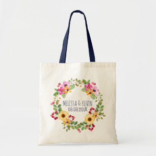 Kleurrijke krans roze gele bloemen & rode bessen tote bag