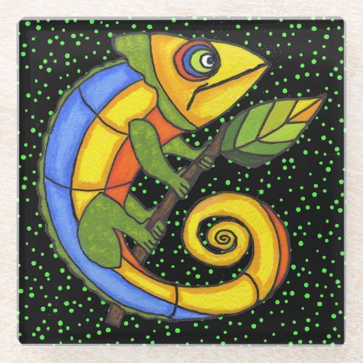 Kleurrijke krullende staarthagedis Big Circle Eyes Glazen Onderzetter (Voorkant)