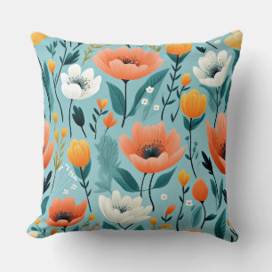 Kleurrijke kunst bloemen-aqua, wit, perzik, geel, kussen