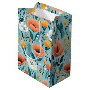 Kleurrijke kunst bloemen-aqua, wit, perzik, geel, medium cadeauzakje