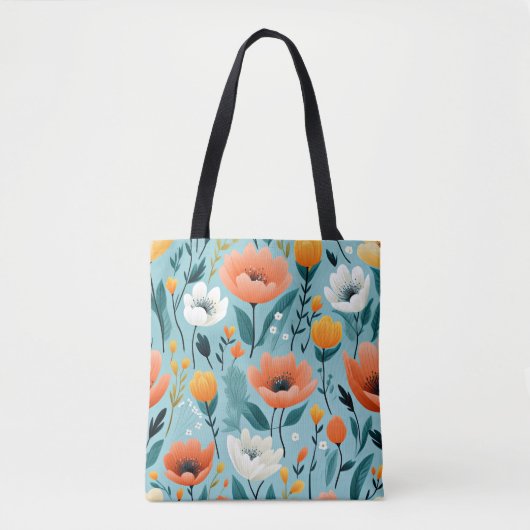 Kleurrijke kunst bloemen-aqua, wit, perzik, geel, tote bag (Voorkant)