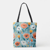 Kleurrijke kunst bloemen-aqua, wit, perzik, geel, tote bag (Achterkant)