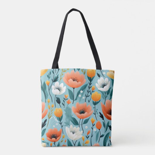 Kleurrijke kunst bloemen-aqua, wit, perzik, geel, tote bag (Achterkant)