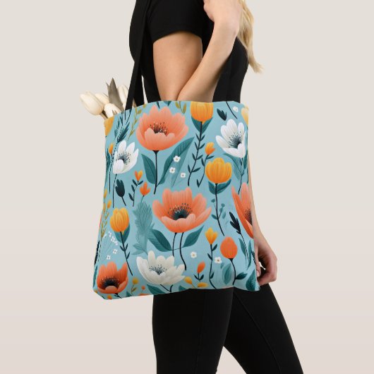 Kleurrijke kunst bloemen-aqua, wit, perzik, geel, tote bag (Dichtbij)