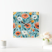 Kleurrijke kunst bloemen-aqua, wit, perzik, geel, vierkante klok (Huis)