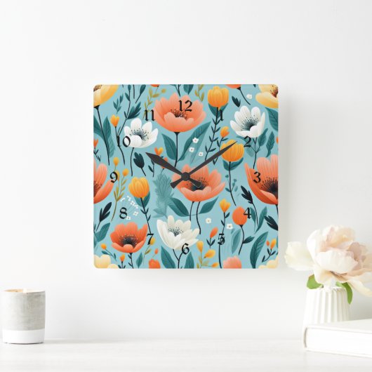 Kleurrijke kunst bloemen-aqua, wit, perzik, geel, vierkante klok (Huis)