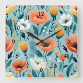 Kleurrijke kunst bloemen-aqua, wit, perzik, geel, vierkante klok (Voorkant)