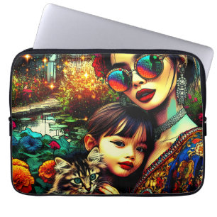 Kleurrijke kunst Moeder en dochter Aziatische bloe Laptop Sleeve