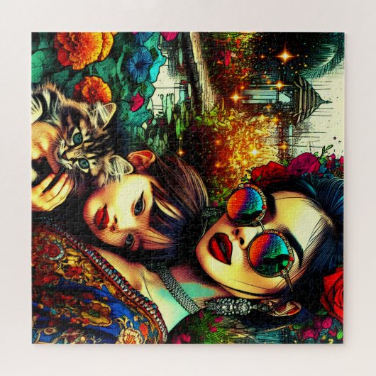 Kleurrijke Kunst Moeder en Dochter Aziatische Bloe Legpuzzel (Horizontaal)