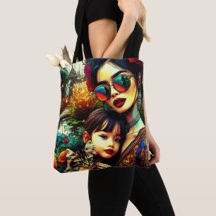 Kleurrijke kunst Moeder en dochter Aziatische bloe Tote Bag