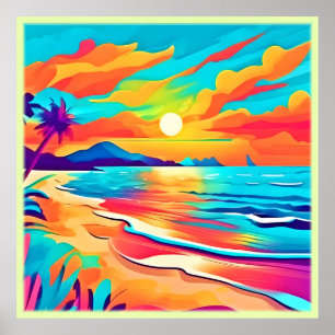 Kleurrijke Kunst van Zonsondergang op het Strand Poster