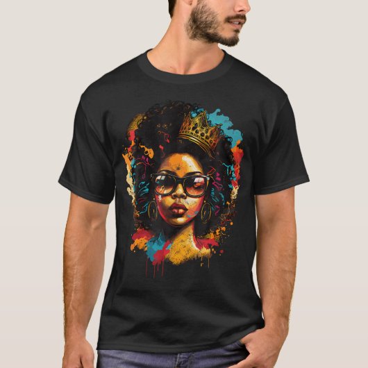 Kleurrijke Kunst Zwart Koningin Afro Melanine Drip T-shirt (Voorkant)