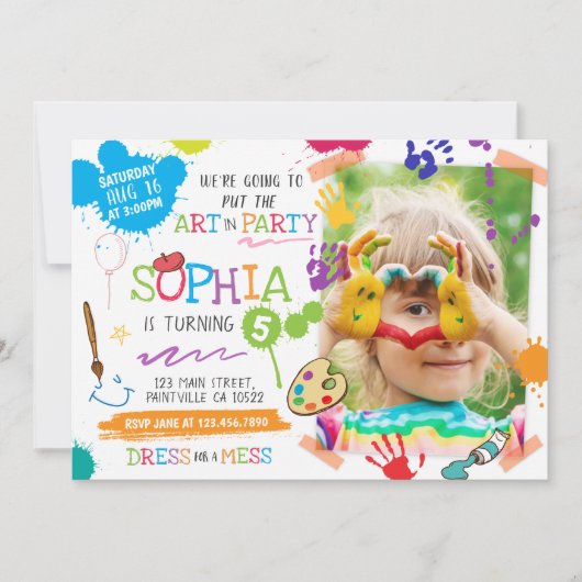 Kleurrijke kunstenaarsuitnodiging met verfvlekken kaart (Voorkant)