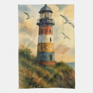 Kleurrijke Kust Vuurtoren Keukenhanddoek
