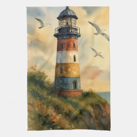 Kleurrijke Kust Vuurtoren Keukenhanddoek (Verticaal)