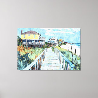 Kleurrijke kustpromenade en strandhuizen canvas afdruk
