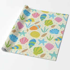 Kleurrijke kustschelpen zeesterren en oesters  cadeaupapier