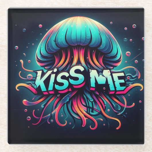 Kleurrijke kwal illustratie met kus me tekst glazen onderzetter (Voorkant)