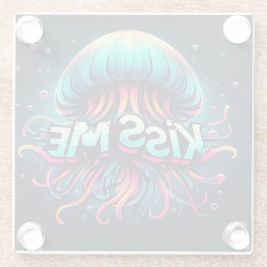 Kleurrijke kwal illustratie met kus me tekst glazen onderzetter (Achterkant)