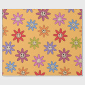 Kleurrijke Lachende Bloemen Patroon op Sinaasappel Cadeaupapier (Vlak)