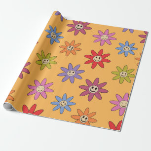 Kleurrijke Lachende Bloemen Patroon op Sinaasappel Cadeaupapier