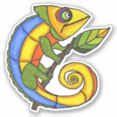 Kleurrijke lachende hagedis op groen blad met takj sticker (Voorkant)