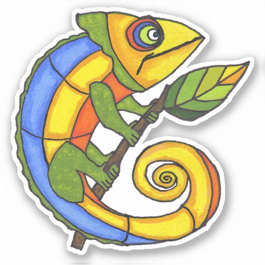 Kleurrijke lachende hagedis op groen blad met takj sticker (Voorkant)