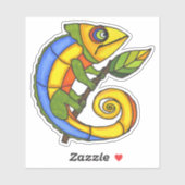 Kleurrijke lachende hagedis op groen blad met takj sticker (Vel)