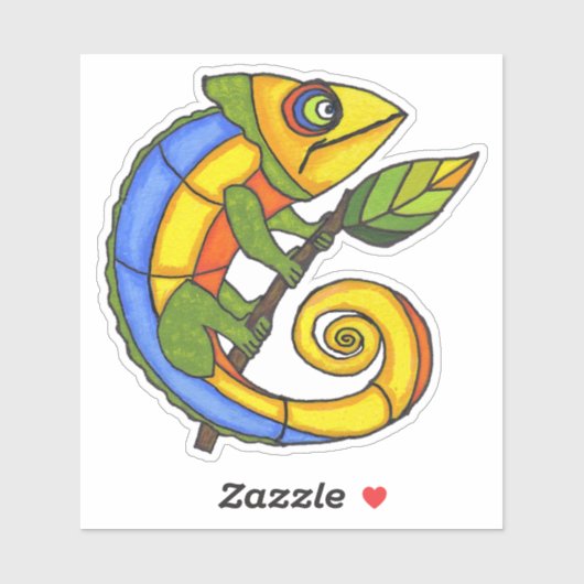 Kleurrijke lachende hagedis op groen blad met takj sticker (Vel)