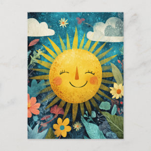Kleurrijke Lachende Zon Over Mooie Bloemen Briefkaart