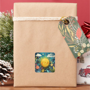 Kleurrijke Lachende Zon Over Mooie Bloemen Vierkante Sticker