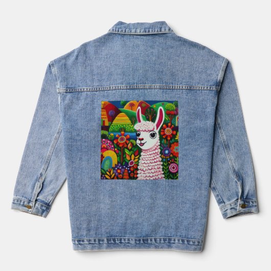 Kleurrijke lama omringd door bloemen schilderen denim jacket (Achterkant)