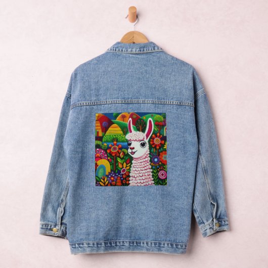 Kleurrijke lama omringd door bloemen schilderen denim jacket (Hangar)